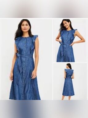 LOFT Chambray Denim Maxi Dress in Blue with Tie Waist nwot size 4